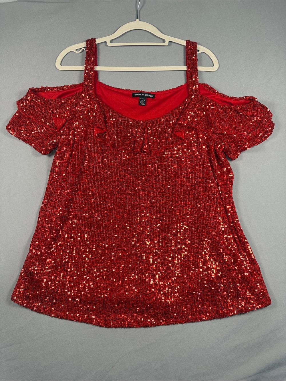 Cable & Gauge Red Sequin Cold-Shoulder Top